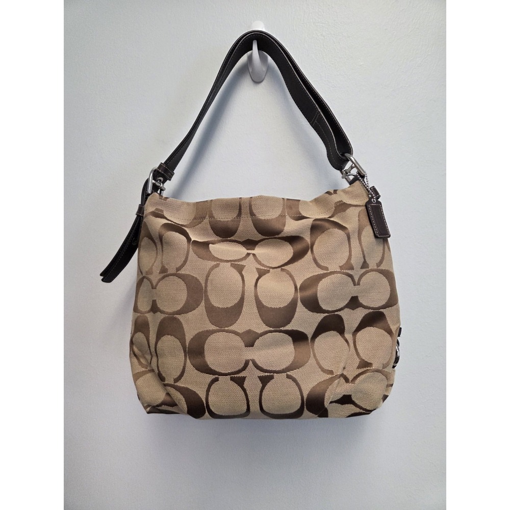 Coach Signature Canvas Hobo Shoulder Bag Crossbody Purse Logo Brown - Picture 14 of 16
